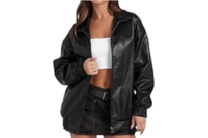 Women Fall Winter Leather Jacket Oversized Boyfriend Faux Leather Coats Zip Up Moto Biker Jacket PU Outerwear Tops
