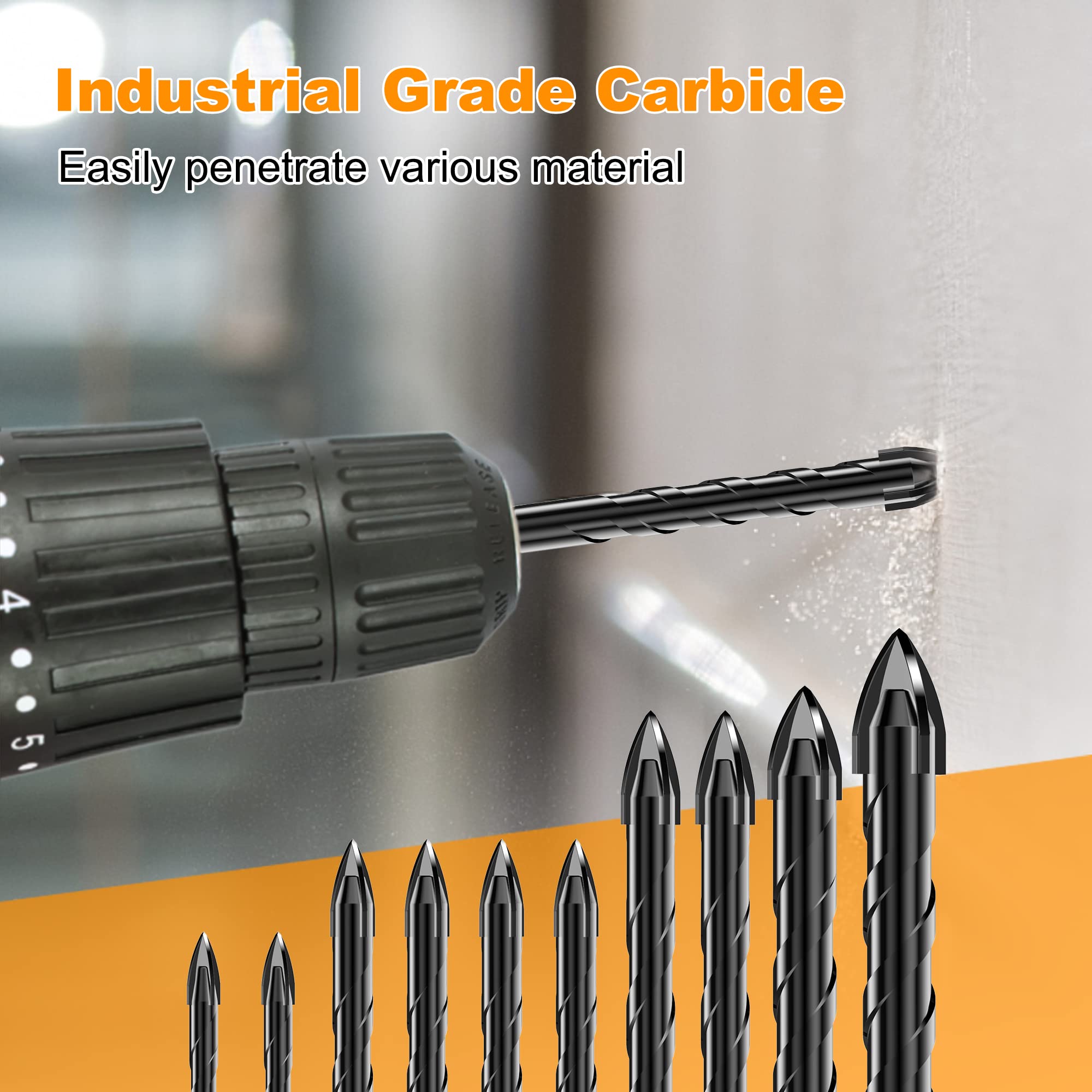 Masonry Drill Bit Set - Cement Drill Bit, Professional Concrete Drill Bit Set (10PCS) for Glass/Brick/Cement/Tile/Etc, Industrial Strength Carbide Cross Drill Bit Tip, 3/16