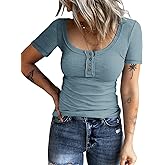 KINLONSAIR Women’s Short Sleeve Henley T Shirts Button Down Slim Fit Tops Scoop Neck Ribbed Knit Shirts