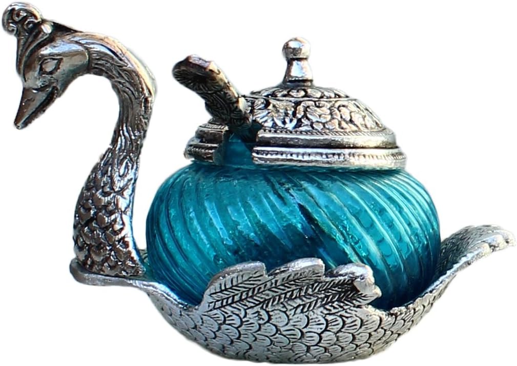 Gaura Art & Crafts Oxidize Metal Home Decor Duck Shape Blue Colored Glass Bowl Tray Set,China Duck Bowl set,Mounth Freshener ,Mukhwas Tray,Sugar,Sweets,Namkeen Container Bowl Tray set,Traditional Set With Spoon Showpiece Return ,Wedding,Festival,Rakhi Gifts Set