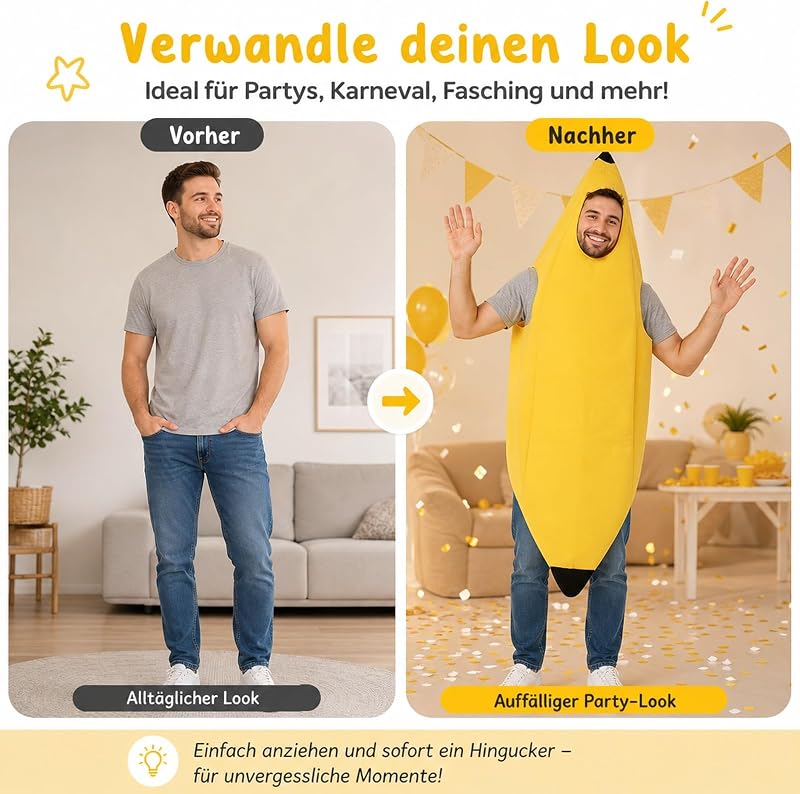 Bananen Kostüm, Bananenkostüm, Obst Kostüm, Lustiges Bananenkostüm für Erwachsene, Herren und Damen, Einteiliges Design für Karneval, Halloween, Party und Cosplay, Perfekte Geschenkidee