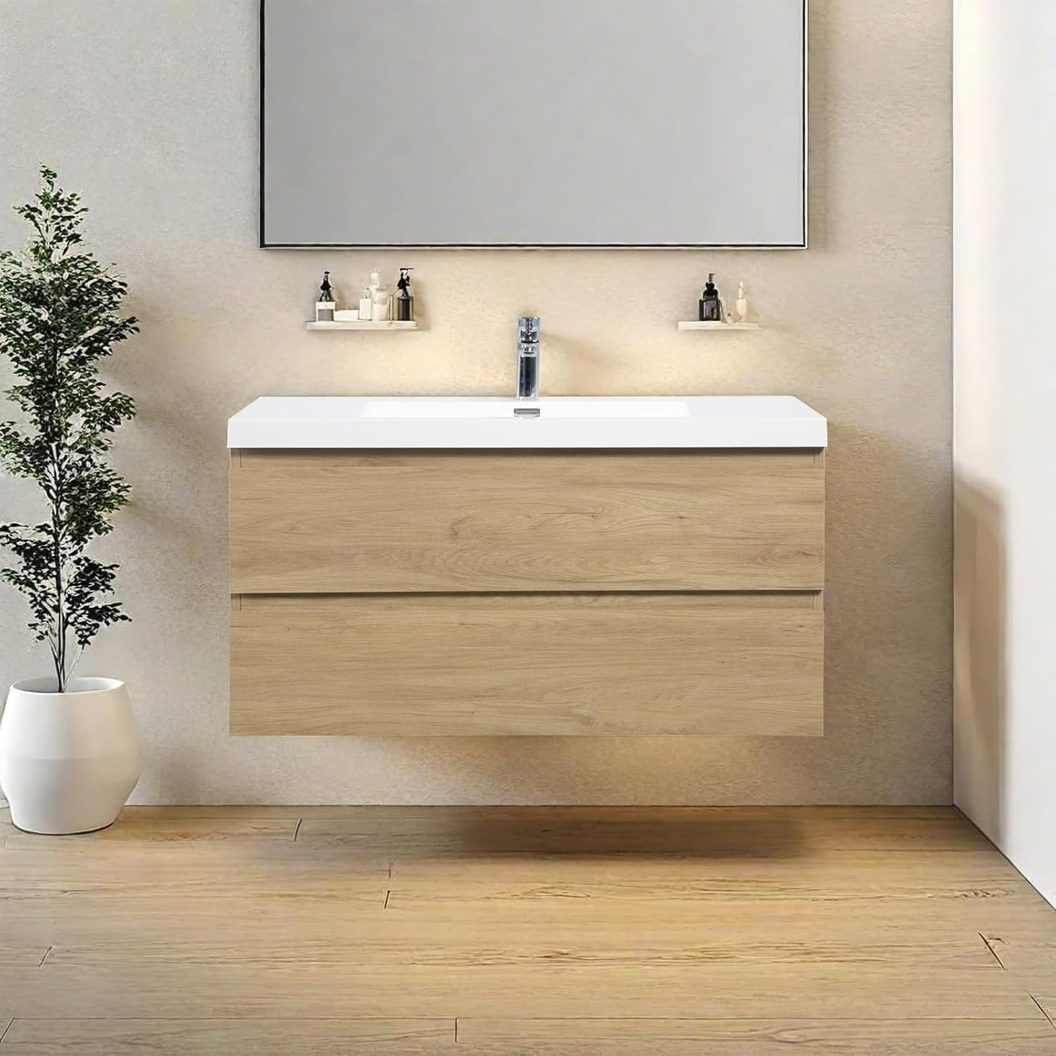Photo 1 of ***PARTIAL SET - PRICE ADJUSTED*****MISSING VANITY TOP AND SINK**   Trygoal Floating Bathroom Vanity with Sink, Modern 42" Wall Mounted Vanity with Resin Top Basin and 2 U-Shaped Soft-Close Storage Drawers, Bathroom Storage Cabinet with Invisible Handle, 