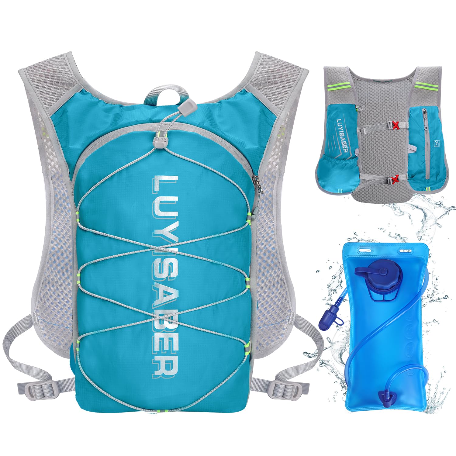 Neloheac Running Vest with 2L Water Bladder, Ultralight Multi-pockets Hydration Backpack for Women & Men Marathoner, Hydration Pack for Cycling Hiking Biking Camping, Cyan