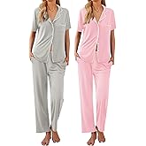 Ekouaer 2 Pack：Womens Pajamas Short Sleeve Pjs Notch Collar Button Up Loungewear Cozy Sleepwear Sets