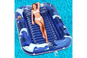 Sebor Larger Inflatable Tanning Pool Lounger Float, Heavy Duty 76" x 57" Thicken Suntan Tub Pool Floats with Removable Backrest & Cupholder, Navy Blue