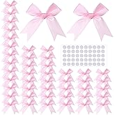 50 Pcs Satin Mini Pink Bows, Self Adhesive Pink Ribbon Bow, 3.3 × 3.1in Small Bows for Crafts, Gift Wrap Bow for Gift Wrapping Wedding Party Decor Scrapbook Card Making