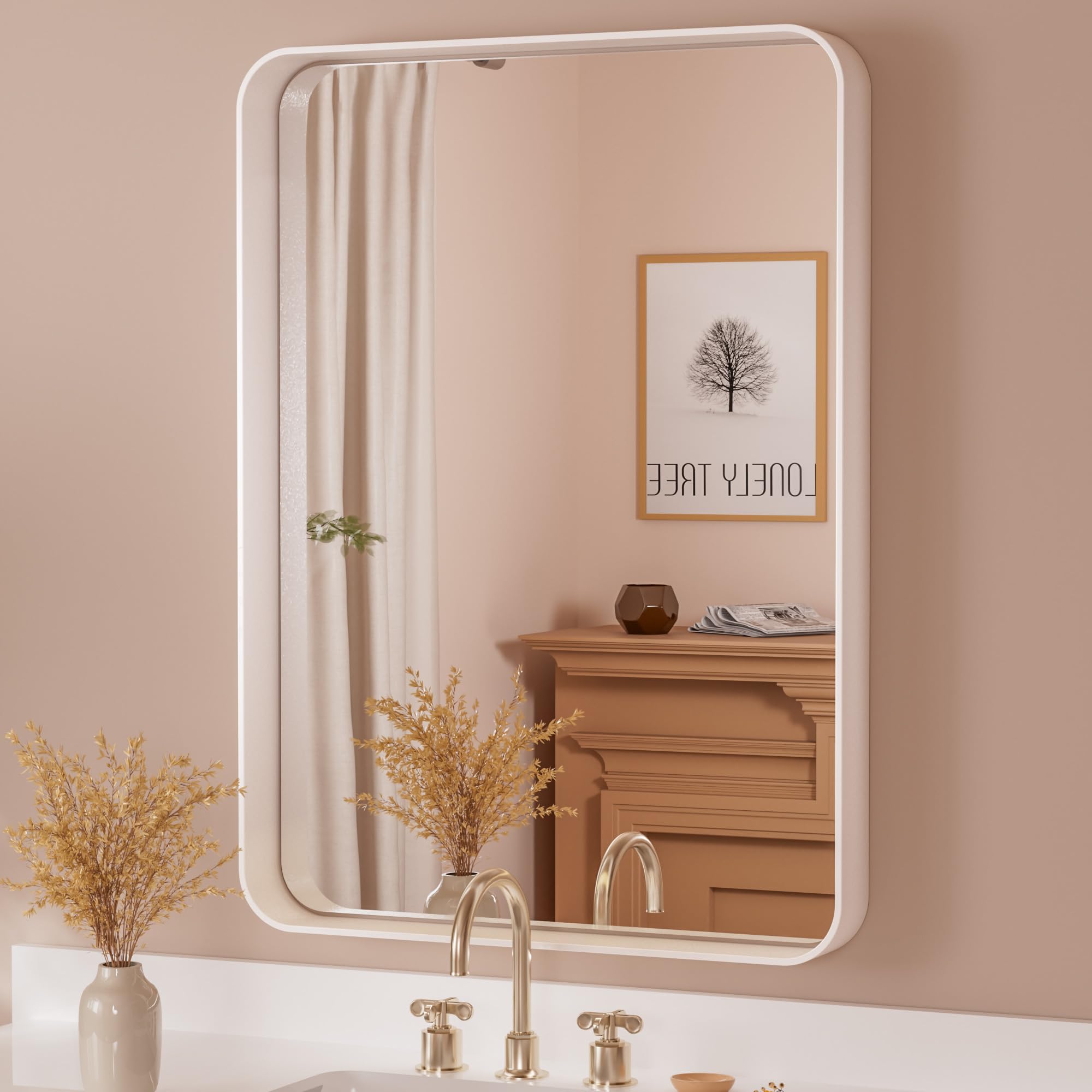 TETOTE 22 x 30 White Mirror for Bathroom Metal Frame Wall Mounted Rectangle Mirror for Vanity with Sandy Textured Surface(Horizontal/Vertical)