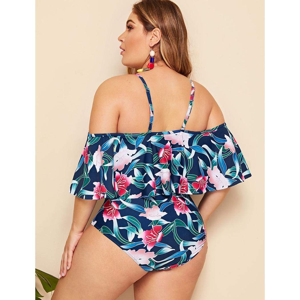 Kikole Women One Piece Plus Size Swimwear Ruffle Off The Shoulder Printed Swimsuits One-Pieces Blue