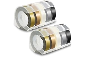 Pristar 3D Embossing Tape 9mm Self-Adhesive Compatible for Dymo Embossing Label Maker Omega DYM12966 Organizer Xpress Pro, White on Black/Silver/Clear/Gold/Champagne Gold, 3/8 in x 9.8 ft, 10-Pack