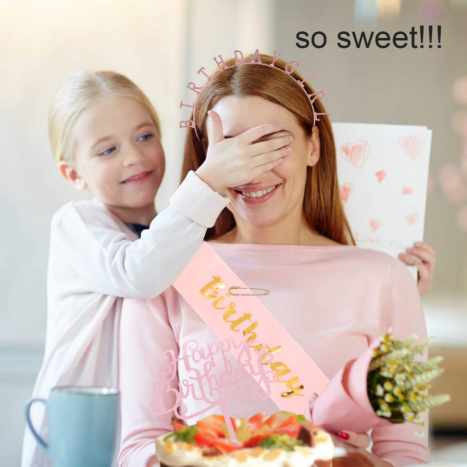 4PCS Birthday Girl Tiara Set Include Rose Gold Crown Pink Satin Sash Glitter Cake Topper Brooch Birthday Party Supplies Set Perfect Gift (Rose Gold)