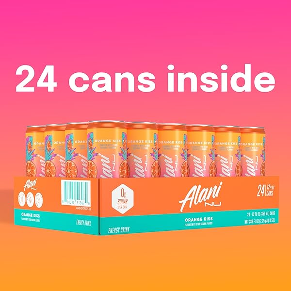 ALANI NU ORANGE KISS, SUGAR FREE, LOW CALORIE ENERGY DRINKS, 200MG CAFFEINE, BIOTIN, B VITAMINS, ZERO SUGAR, 10 CALORIES, 12 FL OZ CANS, 24 PACK