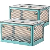 Aimisin Folding Storage Bins, 50 Liters, 2 Pcs Blue plastic Storage Containers with Wheels, Double Doors, Foldable, Stackable, Plastic Box with Lids for Organization, Storage Cart