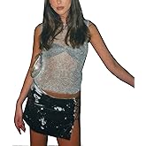 Cslbiuni Women’s Sexy Knitted Glitter Crop Tank Top Sheer Mesh Crew Neck Sleeveless Cropped Shirt Blouse