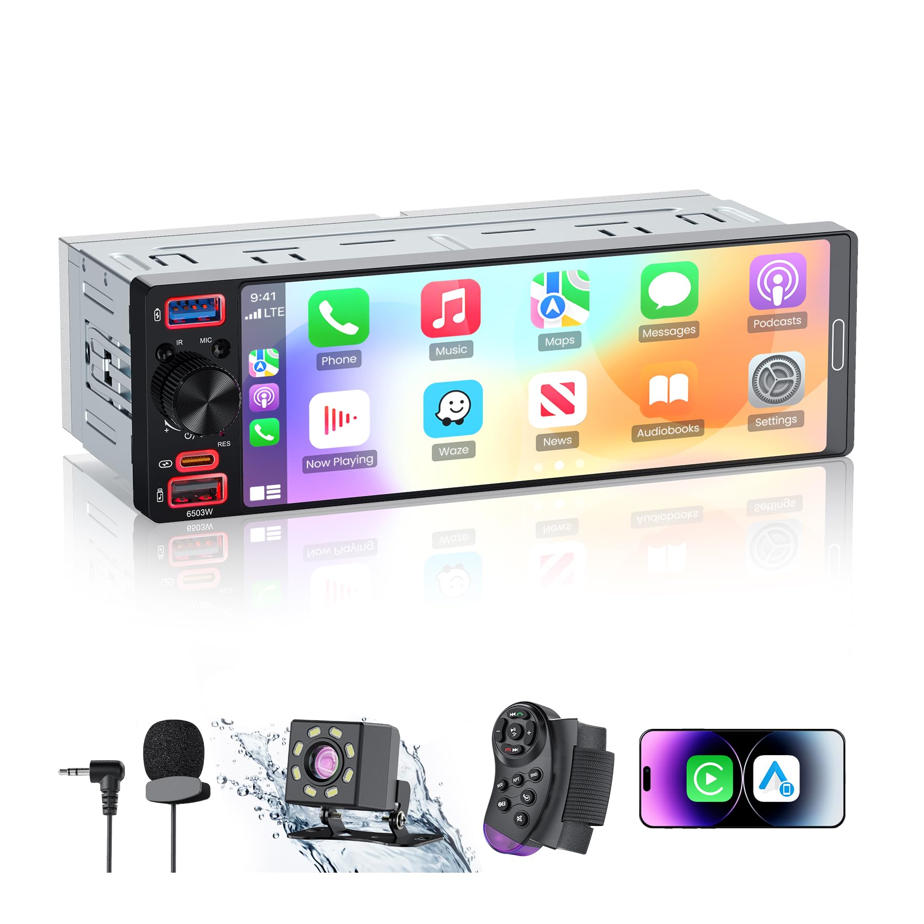 Photo 1 of Single Din Radio Car Stereo with Apple CarPlay & Android Auto, 6.5” InCell Touchscreen Car Radio with 1080P Backup Camera, Mirror Link, Bluetooth 6.0, GPS, AM&FM, USB & Type-C Fast Charging, EQ, SWC
