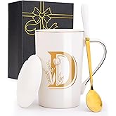Jmugmt Letter D Personalized Initial Mugs with Flower, Letter D Personalized Coffee Mug, Customized Cool Letters Mugs for Women, Bridal Shower Gifts, Women's Initials Gifts Mug 14 OZ Matte White