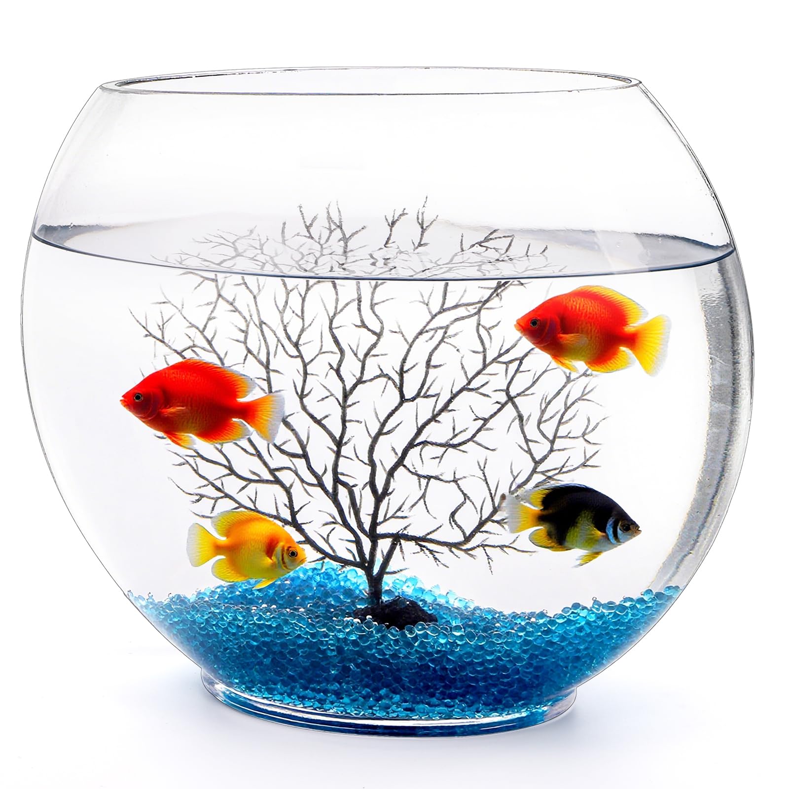 Photo 1 of Okllen Mini Glass Fish Bowl, Oblate Small Fish Tank with Blue Aquarium Decor Sands and Plastic Coral Branch Tree Ornament for Betta Fish Aquarium, 1Gallon