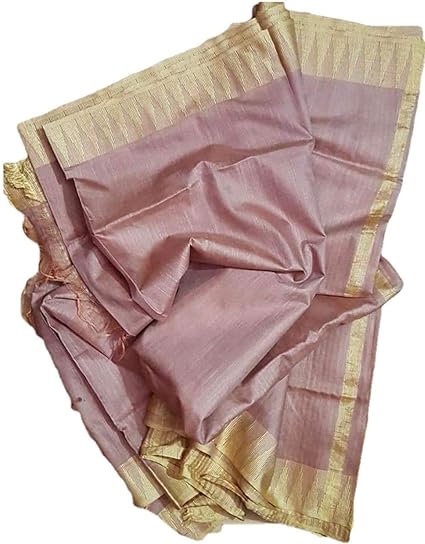 ZA Handloom Women's Cotton Silk Temple Border Saree with Blouse Piece (Onion Colour and Golden Border)
