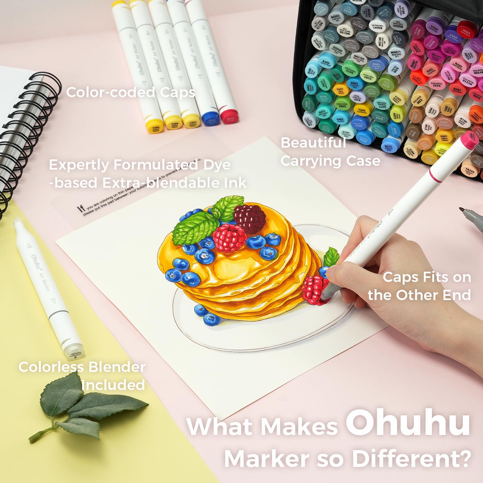 Ohuhu Alcohol Based Art Markers - Double Tipped Coloring Marker Set for Adults Coloring Students Beginners Sketching Illustration - 120 Colors - Chisel & Fine - Oahu of Ohuhu Markers - Refillable Ink