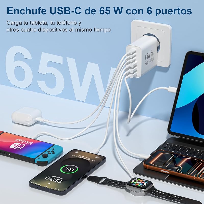 Cargador Carga Rapida USB C 65W 6 Puertos rapido, Múltiple 25W (MAX) Rápido Enchufe Adaptador, Tipo C Movil para iPhone 17 16 15 14 13 12 11 Plus Pro MAX X XS XR, para iPad, para Samsung Charge