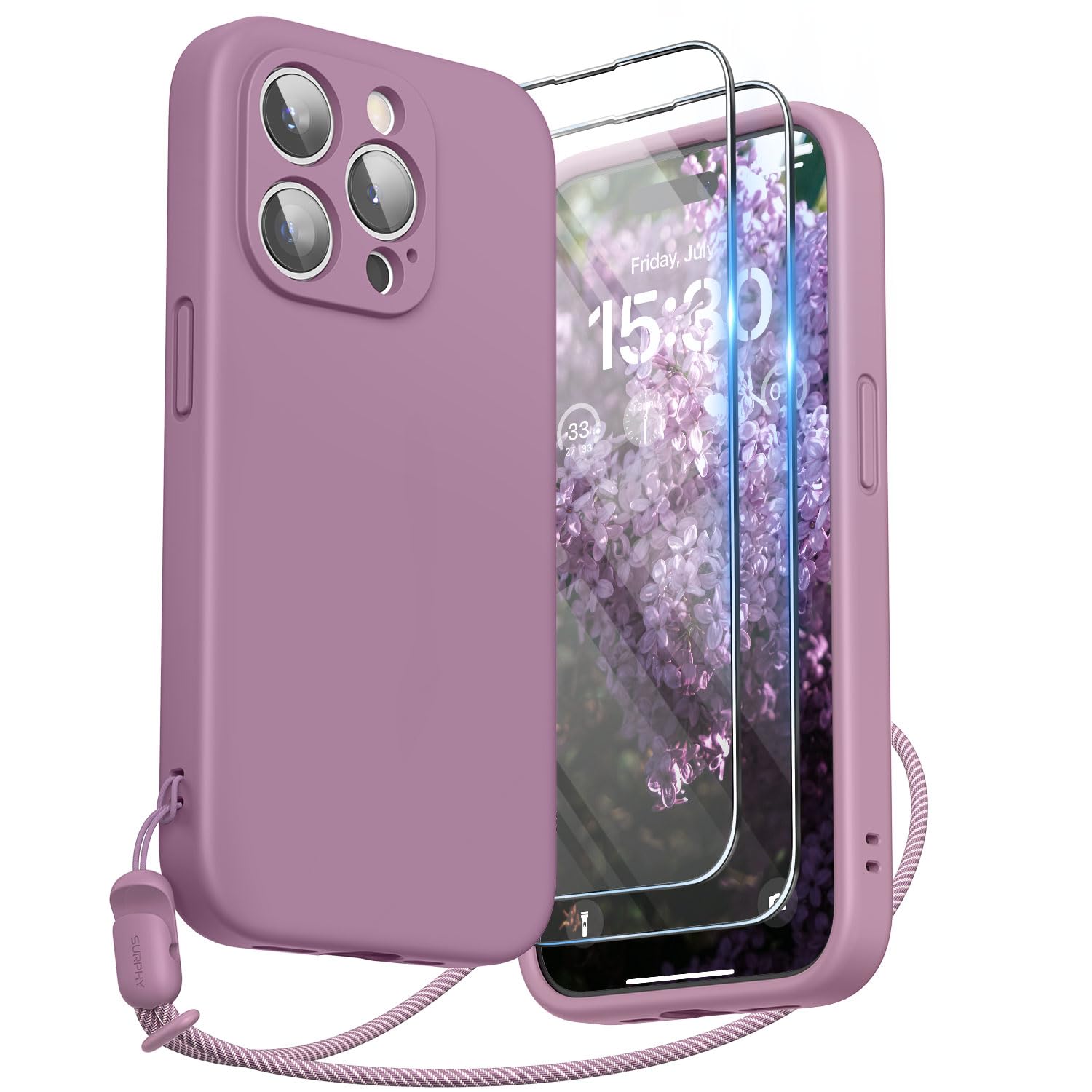 SURPHY Design for iPhone 15 Pro Case, Liquid Silicone Protection for Each Lens [2 x Screen Protectors & 1 x Lanyard] Shockproof Cover for iPhone 15 Pro 6.1 inch 2023, Lilac Purple — image 1