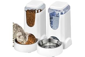 HWONMTE 2 Pack Automatic Cat Feeder and Water Dispenser with Stainless Steel Dog Bowl Gravity Self Feeding for Small Medium Pets Puppy Kitten 1 Gallon x 2 (White)