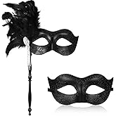 Chicingyou 2 Packs Masquerade Mask for Couple Mardi Gras Venetian Party Masks with Stick for Halloween Women Men