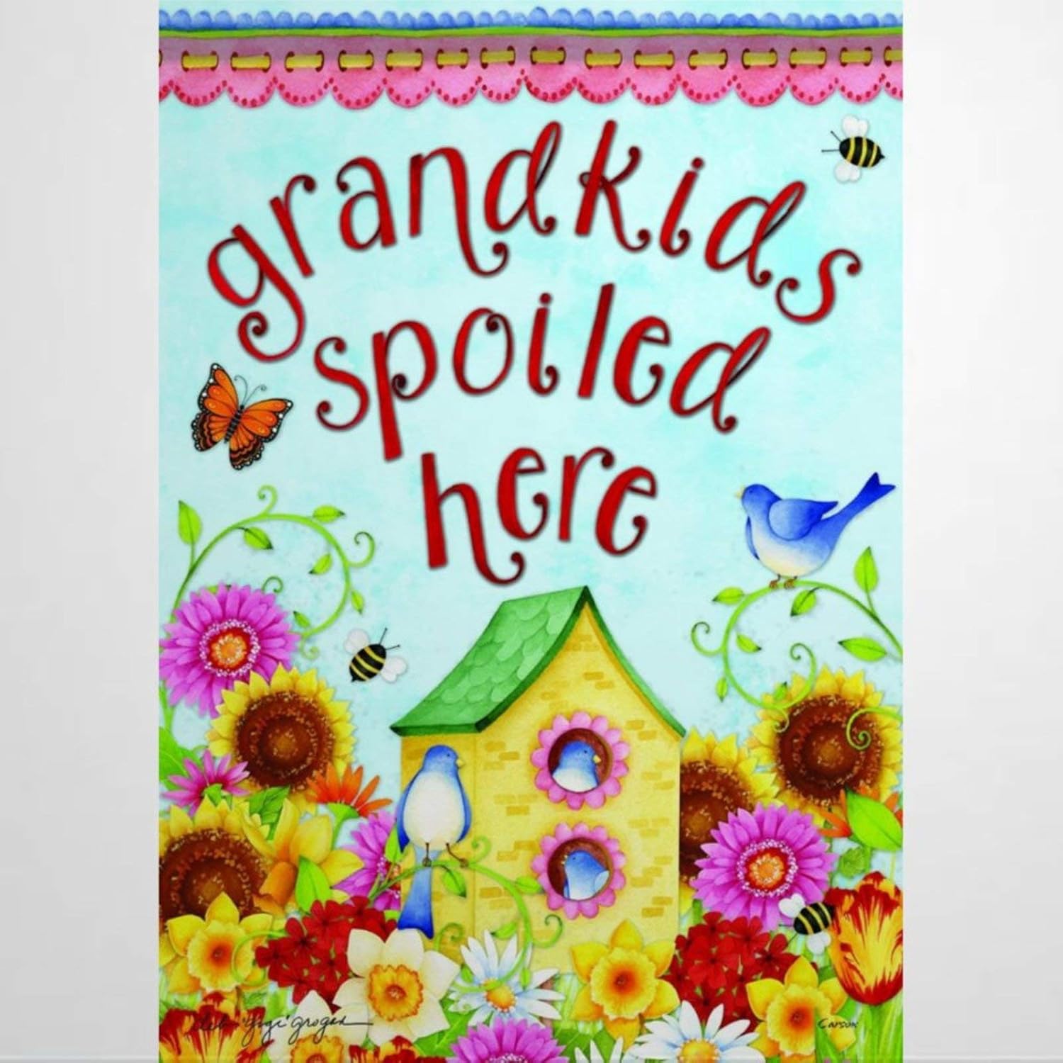 BYRON HOYLE Grandkids Spoiled Here Garden Flag Decorative Holiday Seasonal Outdoor Weather Resistant Double Sided Print Farmhouse Flag Yard Patio Lawn Garden Decoration 12 x 18 Inch89868