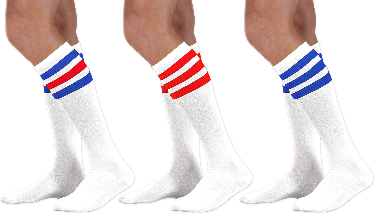 3 Pack Unisex Red and Blue Striped Knee High Tube Socks