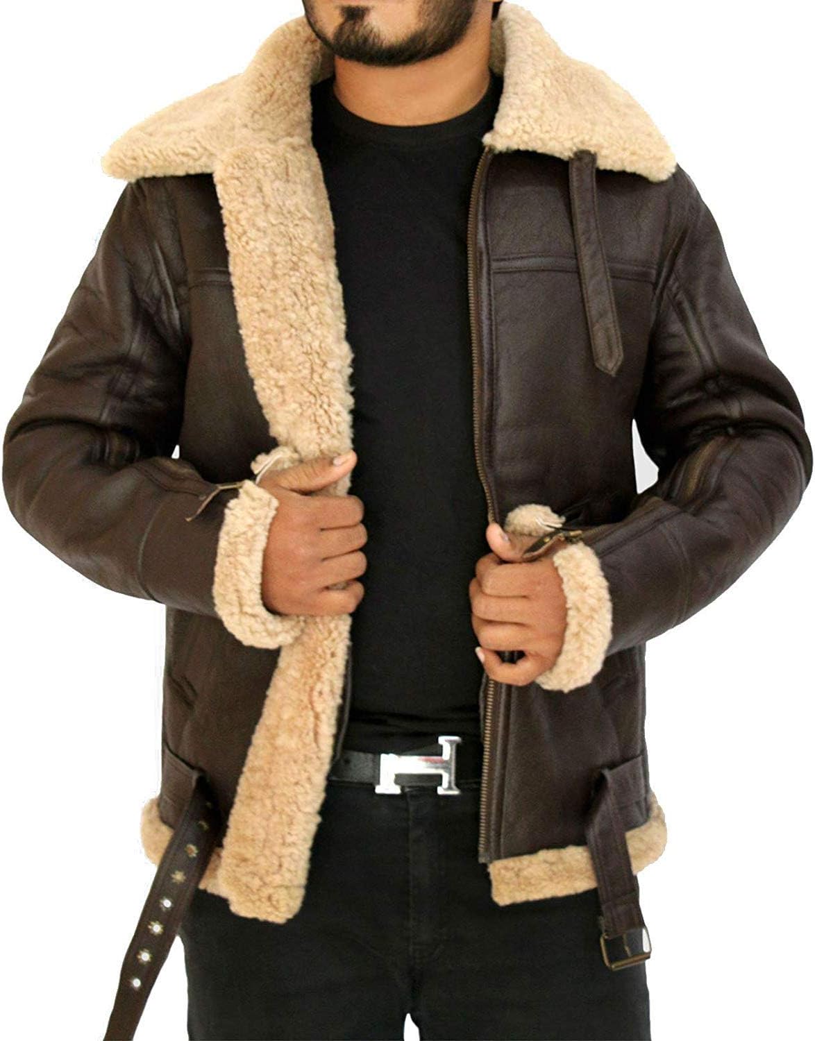 Men's Winter RAF B3 Real Sheepskin Shearling Flight Pilot Aviator Leather Jacket
