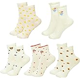 Tucnoeu 5 Pair Cute Heart Flower Frilly Ankle Women Socks, Casual Cotton Bear Heart Cherry Calf Novelty Socks