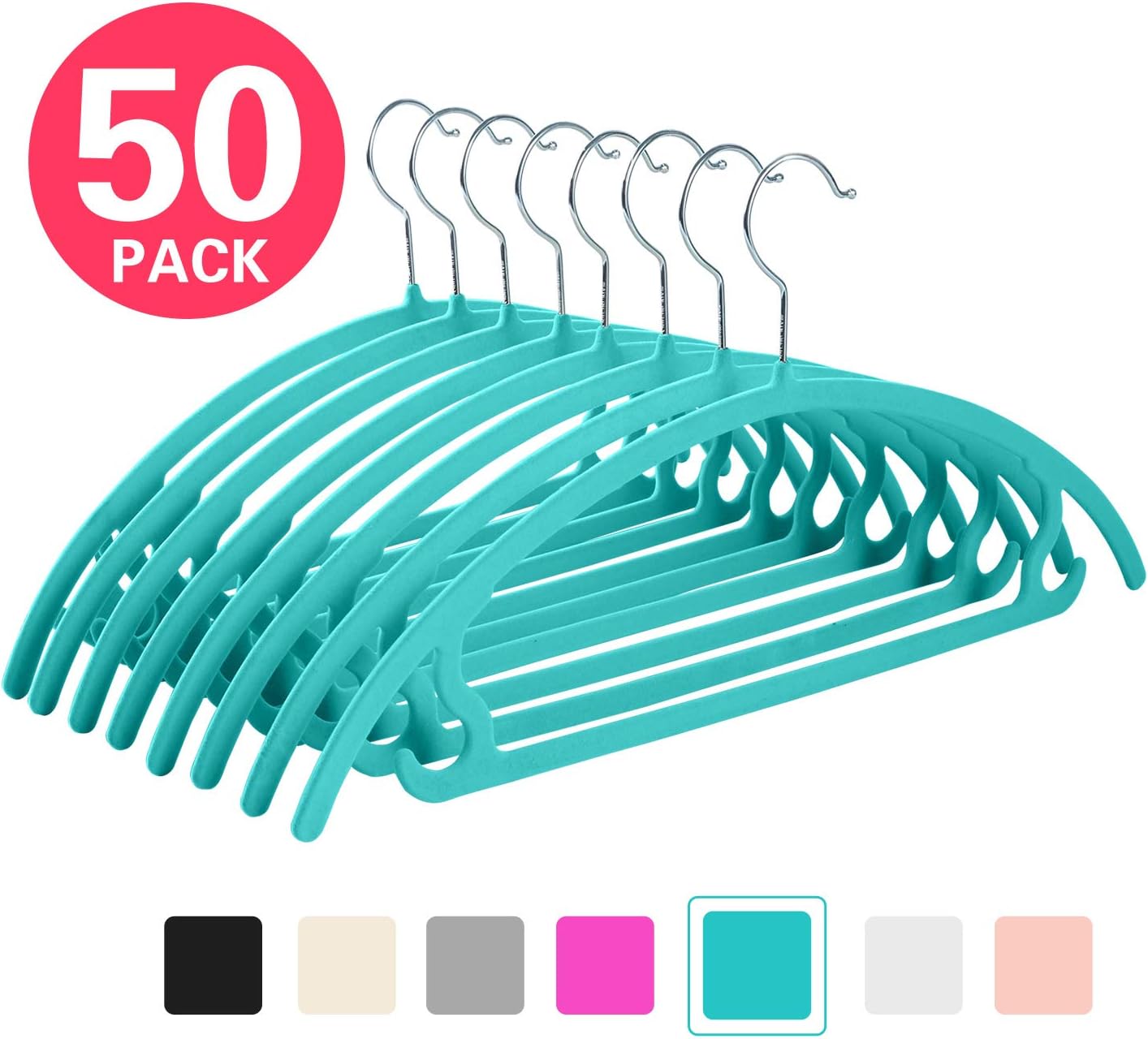 MIZGI Upgraded Velvet Hangers (Pack of 50) Heavyduty- Non Slip No Shoulder Bump Suit Hangers - Chrome Hooks,Space Saving Clothes Hangers,Rounded Hangers for Coat,Sweater,Jackets,Pants,Shirts(Teal)