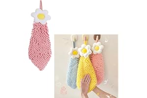 GOUCCPU Chenille Hand Drying Towel with Hanging Loop,Daisy Design Lovely Fingertip Towel for Kids Adults, Soft Strong Water Absorption and Quick Drying Hand Towels for Kitchen Bathroom Wash Basin (Pink)