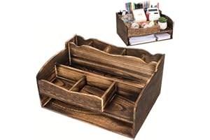 Covzoe Wood Desk Organizer, Vintage 2 Tier Office Supplies Organizers with File Organizer, Tabletop Storage Cabinet with 9 Co