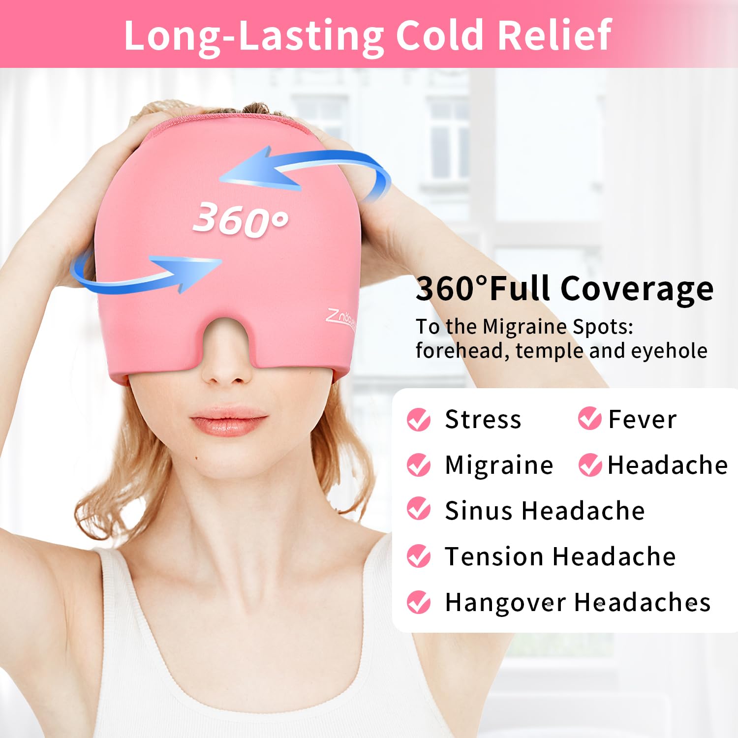 ZNÖCUETÖD Migraine Headache Relief Cap Hat Full Head ice Pack Wrap Cooling Gel Ice Beanie Cold Cap Hot/Cold Compress Therapy for Sinus, Stress, Tension, Head Pain Relief, Women