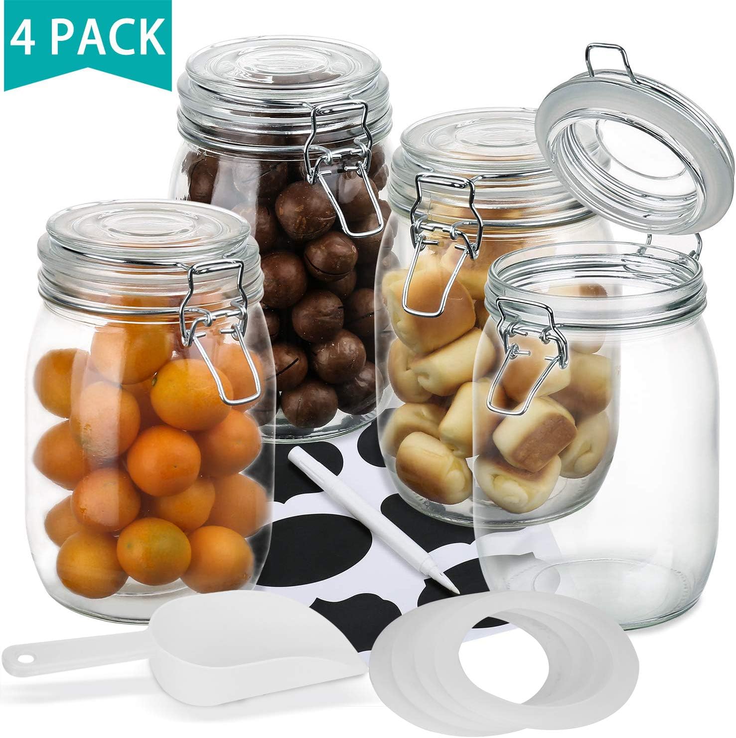 Wide Mouth Mason Jars, OAMCEG 4Piece 34oz Airtight Glass Preserving Jars with Leak