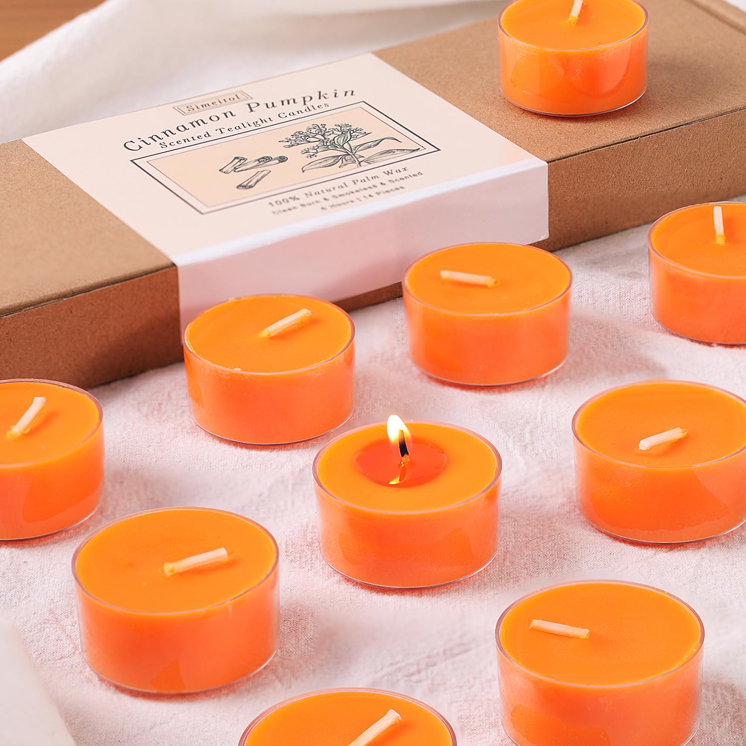 Photo 1 of Pumpkin Cinnamon Scented Tealight Candles – 14 Pack, 100% Pure Palm Wax, 6-Hour Burn, Orange Scented Candles for Fall Decor, Thanksgiving, Halloween, Cozy Ambiance