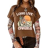 TAKEYAL Womens Western Cowgirl Shirts Cute Casual Summer Graphic Tees Tops Tshirts with Roll-Up Cuff Sleeves