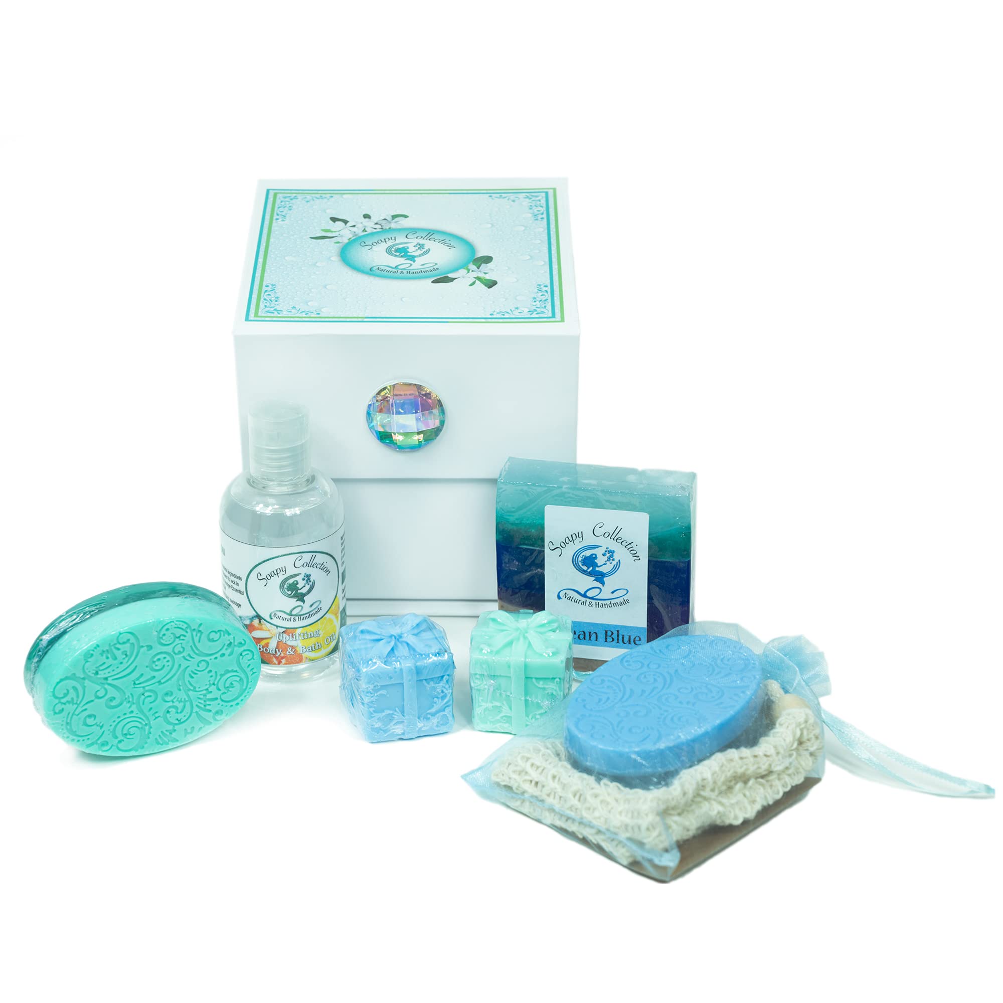 Soapy Collection Bath Gift Set for Women, Paraben Free Body Oil, 3x Natural Soaps, Soap Bag, Reusable Elegant Box, Organza Bag, Birthday Soap Gifts for Her, Mothers Day or Friends