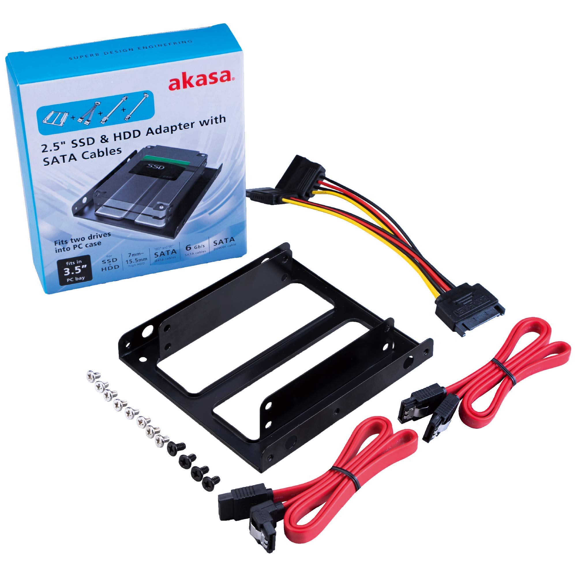 Akasa 2.5" SSD & HDD Adapter with SATA Cables | 4-in-1 | SATA Power Y-Splitter Cable | 180° to 180° & 90° to 180° SATA 3.0 Data Cables | 3.5” to 2.5” Mounting Bracket | AK-HDA-11