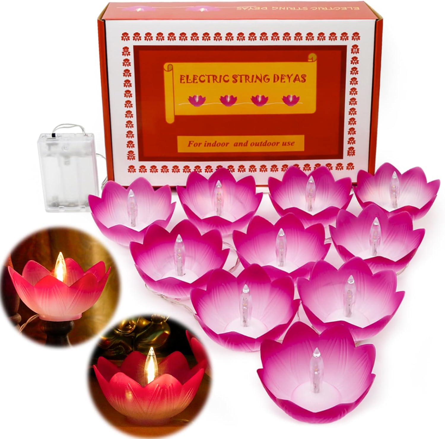 Oil Lamps & Accessories - Diwali Gifts Electronic LED Diyas - Lotus Shaped Diya String Lights Diwali Pooja Item Indian Home Office Mandir Puja Decor, 10 Lotus Diyas per String, Battery Operated, Waterproof, Lasts 100+ Hours