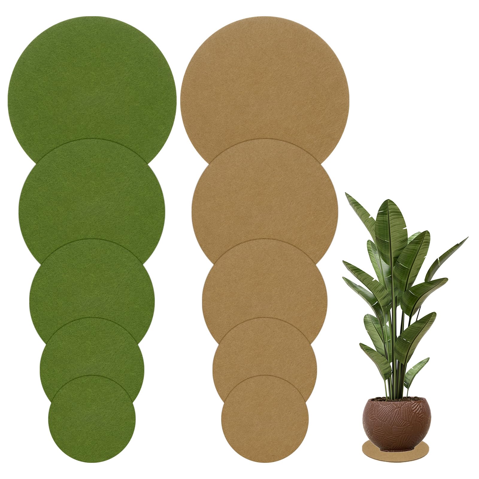 M METERXITY 10-Pack Felt Plant Coasters, 6/8/10/12/14 Inch Round Felt Coasters Plant Mats for House Plants Indoor/Waterproof Felt Pads for Plants/DIY Cork Pads [Green+Brown]