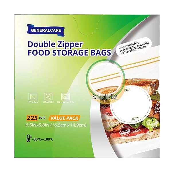 225 PCS GALLON STORAGE BAGS 6.5 X 5.8 IN FREEZER BAGS DOUBLE ZIPPER REUSABLE SANDWICH BAGS ZIP BAG FOR FOOD STORAGE FRUIT NUTS CAKES COOKIES SNACK MEAL PREP CONTAINERS