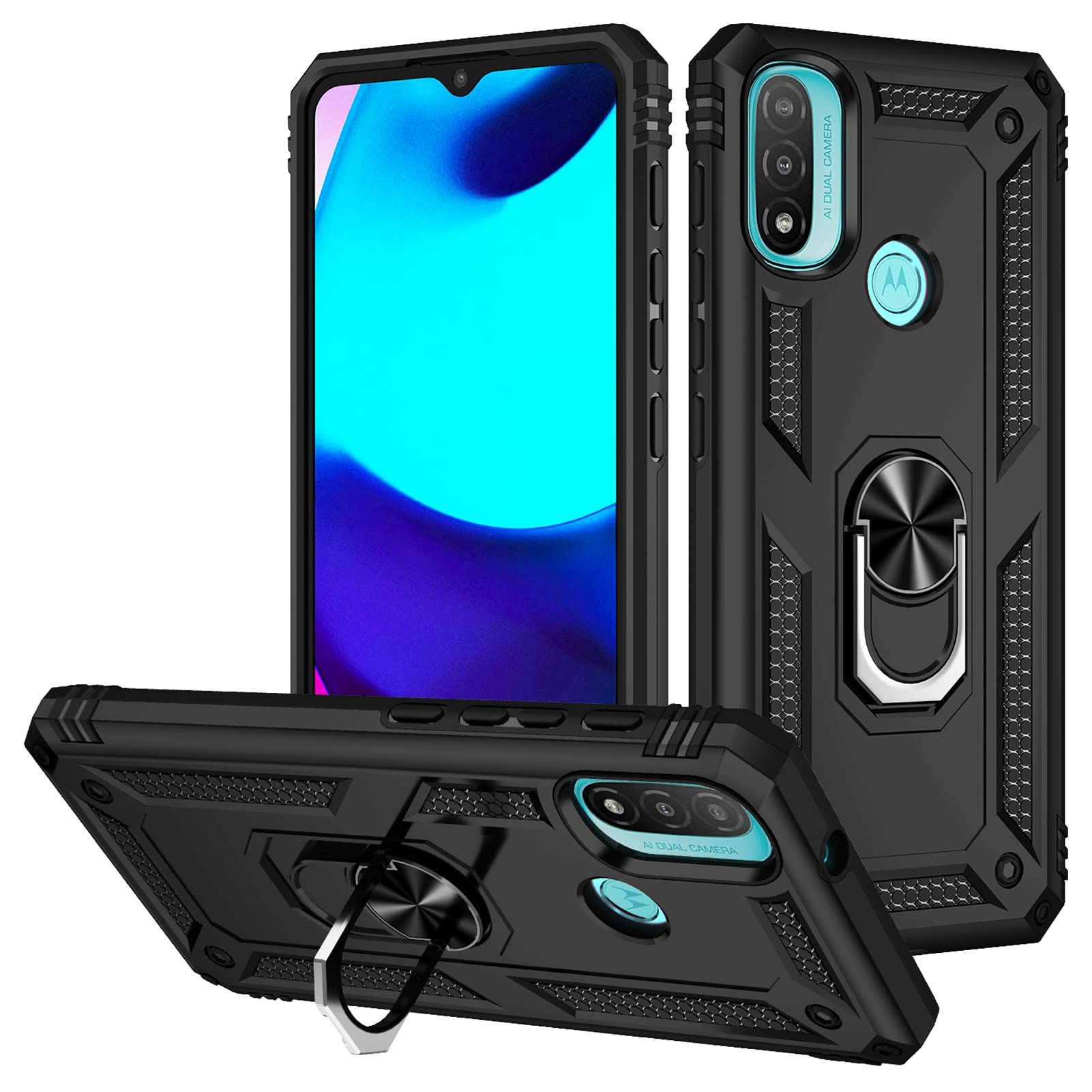 SHYXGLON for Motorola E20 Case, Moto E20 Cover with Screen Protector Armor Silicone Shockproof Double Layer Military Grade Ring Holder Bracket Kickstand Case for Motorola Moto E20 (Black)