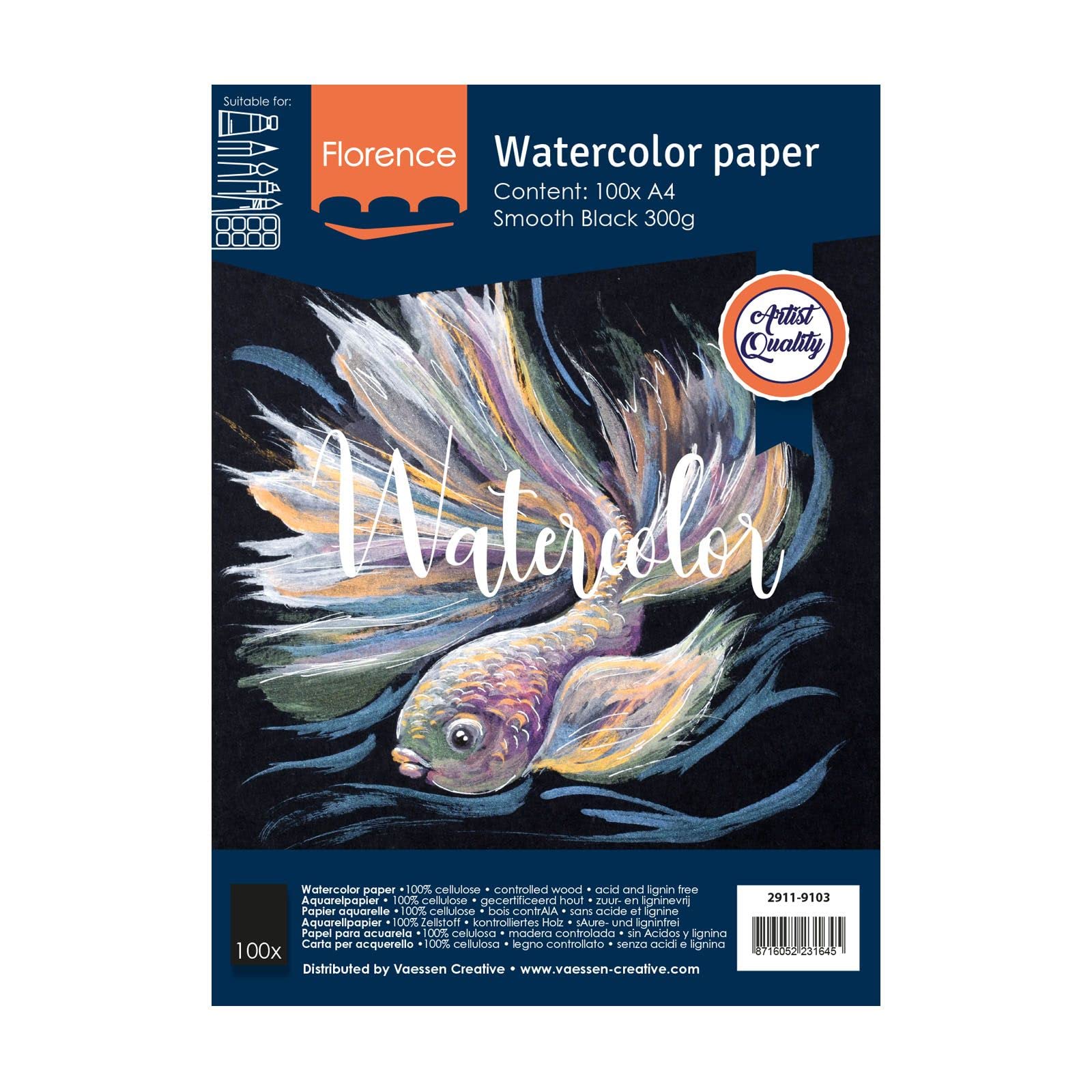 Vaessen Creative Florence Hot Pressed Watercolour Paper A4, Black, 300 GSM, Smooth Surface, Artist Grade Quality, 100 Sheets for Painting, Hand Lettering, Art Projects and More