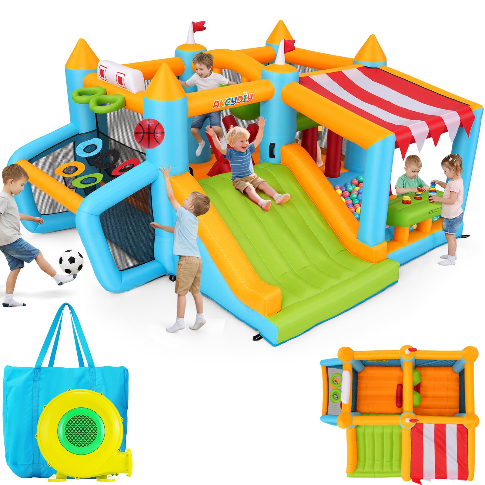Bounce House for Kids 3-6 8-12, 12-in-1 Inflatable Obstacle Course Bouncy House with Wide Slide/Canopy Ball Pit/2 Boxing Ball/2 X-Obstacles/Soccer Goal, Outdoor Blow Up Jump House w/UL Blower
