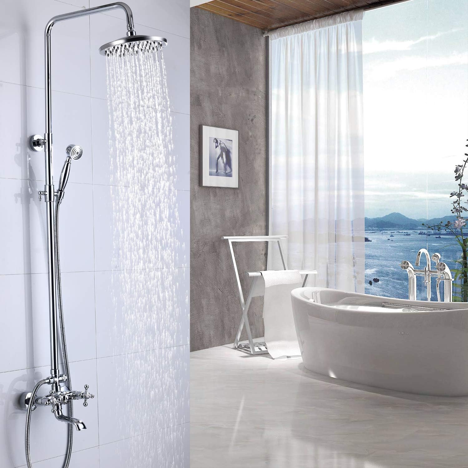 Shower Faucet Set 8 Rain Shower 2 Double Knobs Handle Chrome Polish Triple Function Tub Spout Shower Fixture Combo System Unit Set - - 