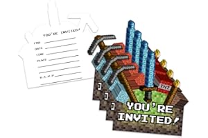 BIRTHDAY GALORE Mining Pixel World Video Game Birthday Party Invites For Boy Kids - 20 Count of 4 x 6 Inch Double Sided Fill-In Invitations With Wet To Seal Envelopes