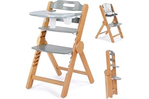 Ezebaby Wooden High Chair Grow with Your Child, Foldable Baby High Chair with Adjustable Seat and Footrest Heights, High Chair for Babies and Toddlers with Cushion and Large Double Layer Tray(Grey)
