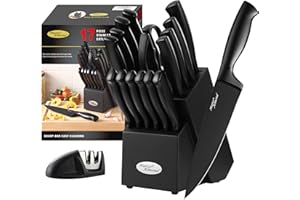 Marco Almond® Kitchen Knife Set with Block and Sharpener MA23, 17 Pieces Knife Block Set Stainless Steel Chef Black Knives Set for Kitchen