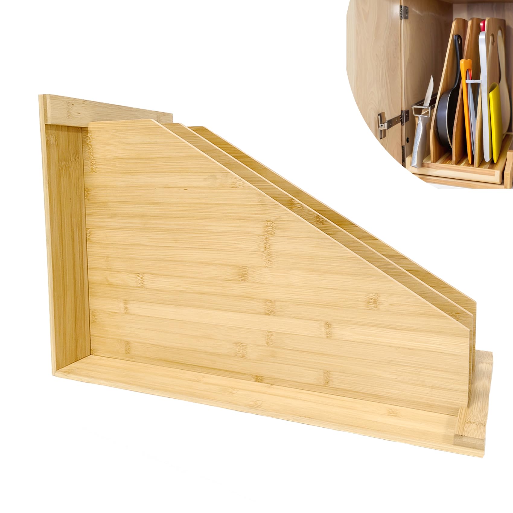 Photo 1 of ??????? Natural Bamboo Wood Tray Dividers for Cabinet, 15.5" H x12" W x22.5" D, Cookie Sheet Organizer for Cabinet, Cutting Board, Baking Tray, Racks Lids, Pans, Very durable, 5 Years Warranty